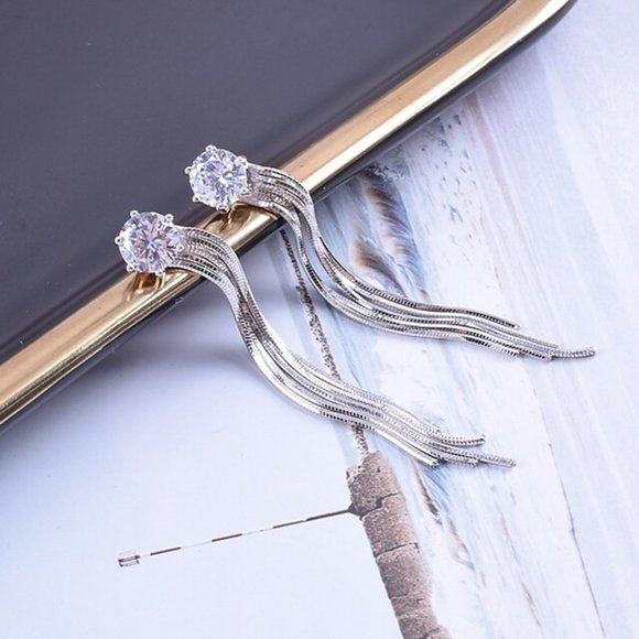 14k Gold 2ct. c.t. Lab Diamonds Long Chain Earrings Sterling Silver - Picture 6 of 11